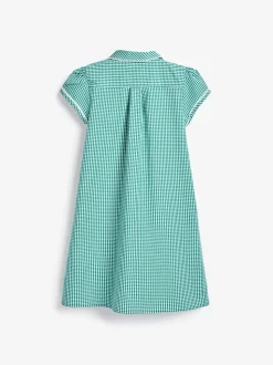 Green Cotton Rich Button Front Lace Gingham School Dress (3-14yrs)