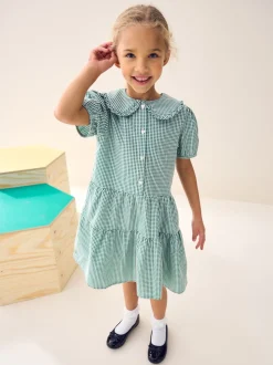 Green Cotton Rich School Gingham Tiered Pretty Collar Dress (3-14yrs)