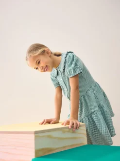 Green Cotton Rich School Gingham Tiered Pretty Collar Dress (3-14yrs)