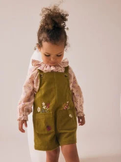 Green Floral Print Corduroy Dungarees Blouse and Tights Set (3mths-6yrs)