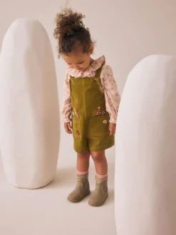 Green Floral Print Corduroy Dungarees Blouse and Tights Set (3mths-6yrs)