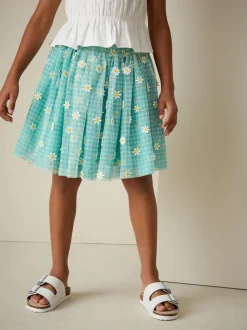Green Gingham Daisy Pull On Mesh Skirt (3-16yrs)