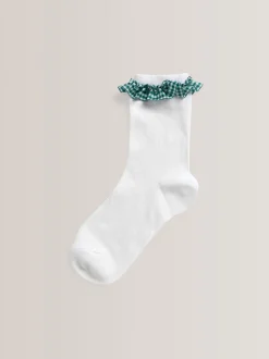 Green 5 Pack Cotton Rich Gingham Ankle School Socks