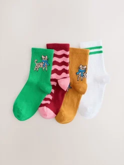 Green/Yellow/White and Pink Cotton Rich Cat Character Ankle Socks 4 Pack