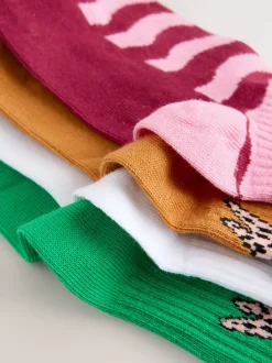 Green/Yellow/White and Pink Cotton Rich Cat Character Ankle Socks 4 Pack