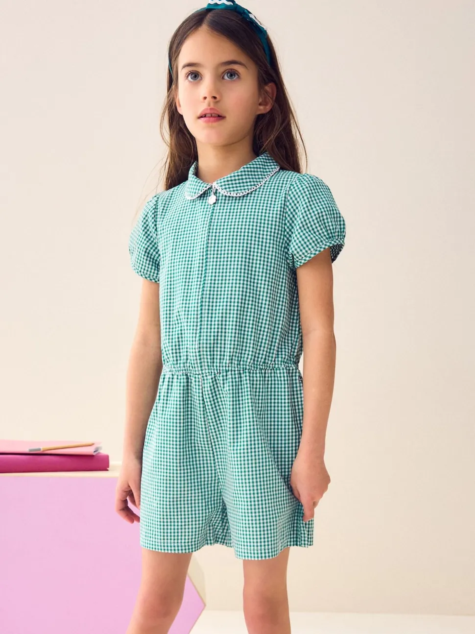 Green Zip Front Cotton Rich Gingham School Playsuit (3-14yrs)