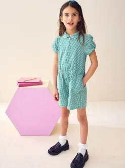 Green Zip Front Cotton Rich Gingham School Playsuit (3-14yrs)