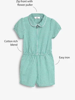Green Zip Front Cotton Rich Gingham School Playsuit (3-14yrs)