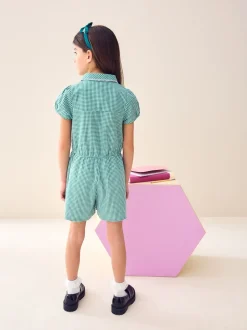 Green Zip Front Cotton Rich Gingham School Playsuit (3-14yrs)