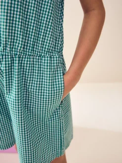 Green Zip Front Cotton Rich Gingham School Playsuit (3-14yrs)