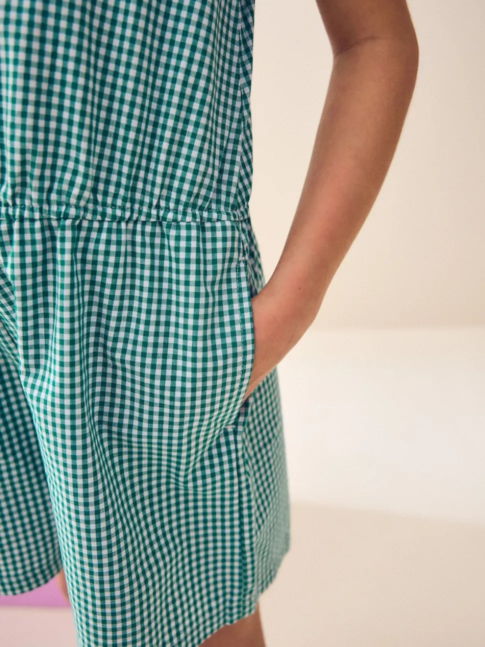 Green Zip Front Cotton Rich Gingham School Playsuit (3-14yrs)