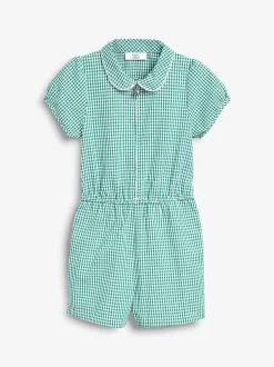 Green Zip Front Cotton Rich Gingham School Playsuit (3-14yrs)
