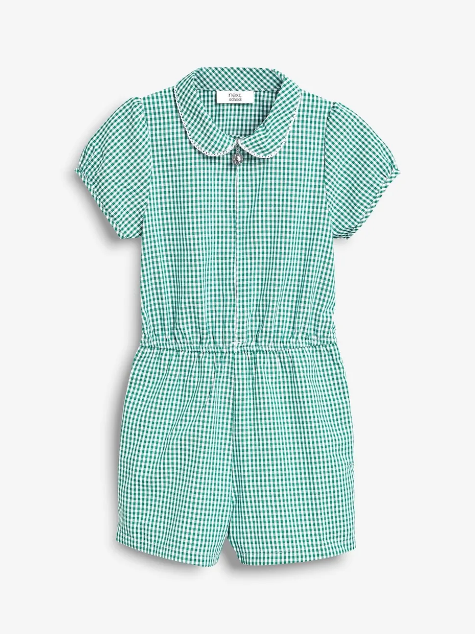 Green Zip Front Cotton Rich Gingham School Playsuit (3-14yrs)