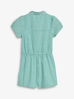 Green Zip Front Cotton Rich Gingham School Playsuit (3-14yrs)