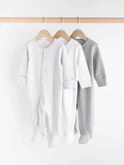Grey Essential Zipped 100% Cotton Baby Sleepsuits 3 Pack (0-3yrs)