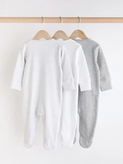 Grey Essential Zipped 100% Cotton Baby Sleepsuits 3 Pack (0-3yrs)