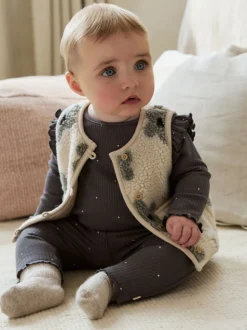 Grey Floral Baby Long Sleeve Top and Leggings with Gilet Set 3 Piece (0mths-2yrs)