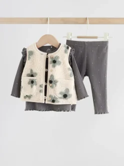 Grey Floral Baby Long Sleeve Top and Leggings with Gilet Set 3 Piece (0mths-2yrs)