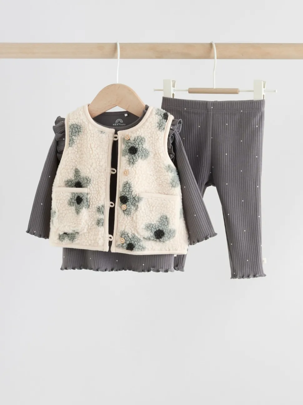 Grey Floral Baby Long Sleeve Top and Leggings with Gilet Set 3 Piece (0mths-2yrs)