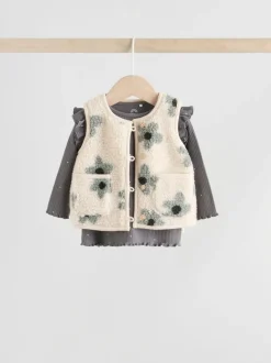 Grey Floral Baby Long Sleeve Top and Leggings with Gilet Set 3 Piece (0mths-2yrs)