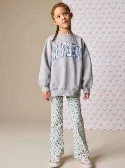 Grey/Blue Floral Slogan Sweatshirt and Flare Leggings Set (3-16yrs)