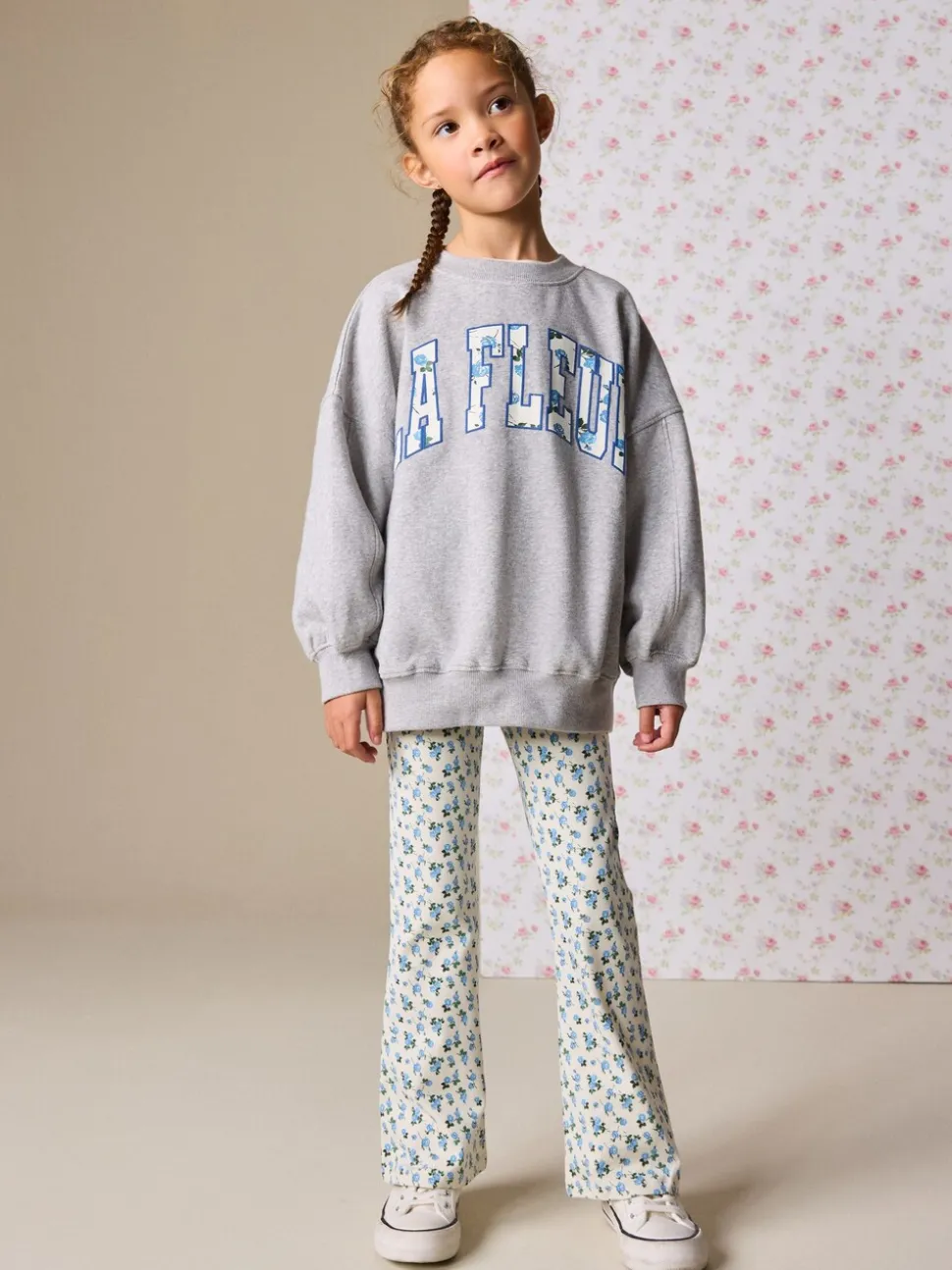 Grey/Blue Floral Slogan Sweatshirt and Flare Leggings Set (3-16yrs)