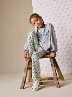Grey/Blue Floral Slogan Sweatshirt and Flare Leggings Set (3-16yrs)