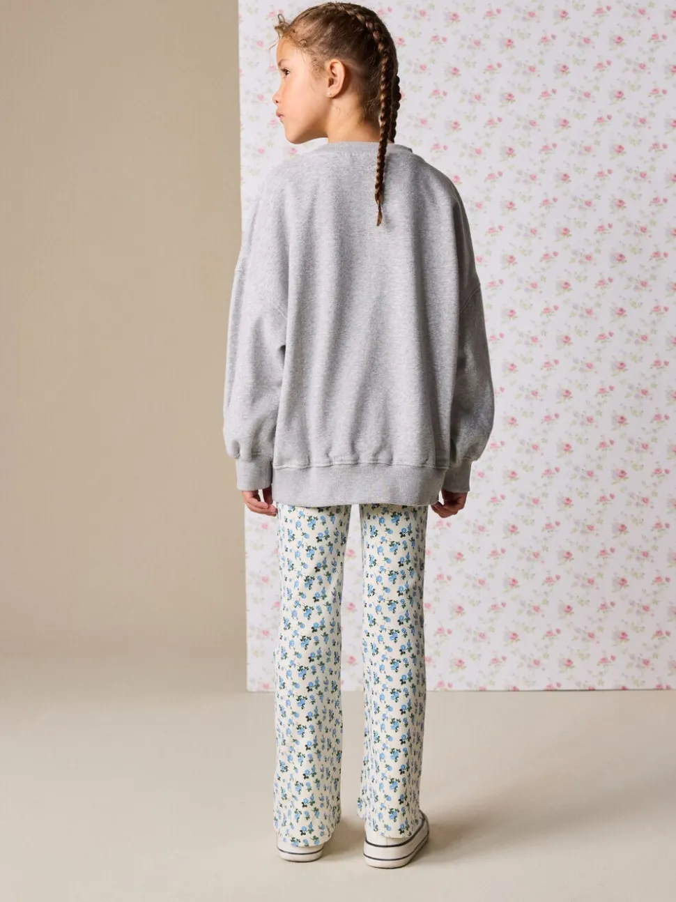 Grey/Blue Floral Slogan Sweatshirt and Flare Leggings Set (3-16yrs)