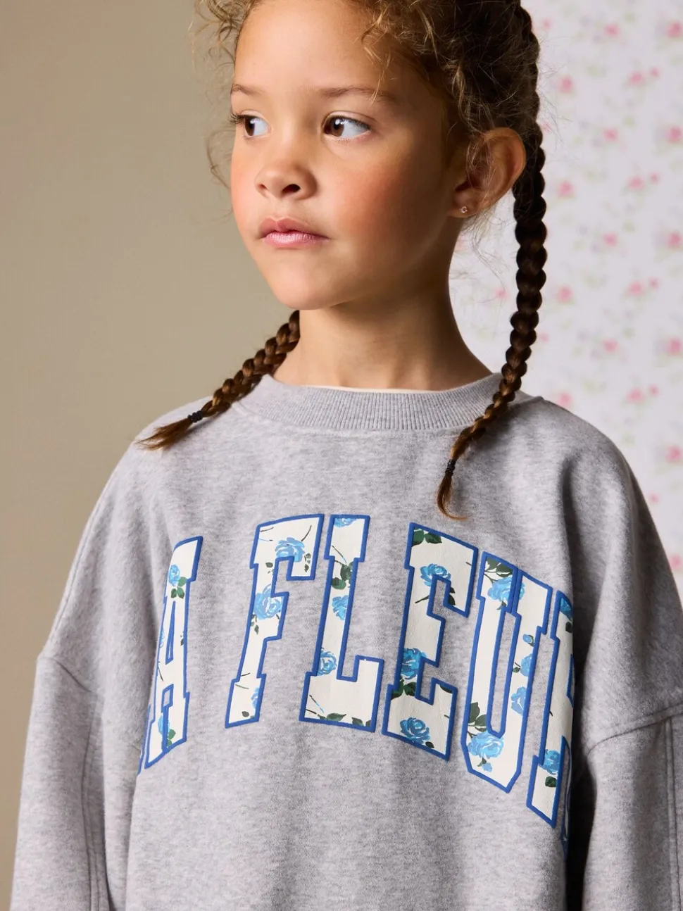 Grey/Blue Floral Slogan Sweatshirt and Flare Leggings Set (3-16yrs)