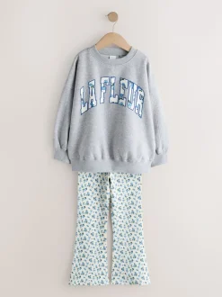 Grey/Blue Floral Slogan Sweatshirt and Flare Leggings Set (3-16yrs)