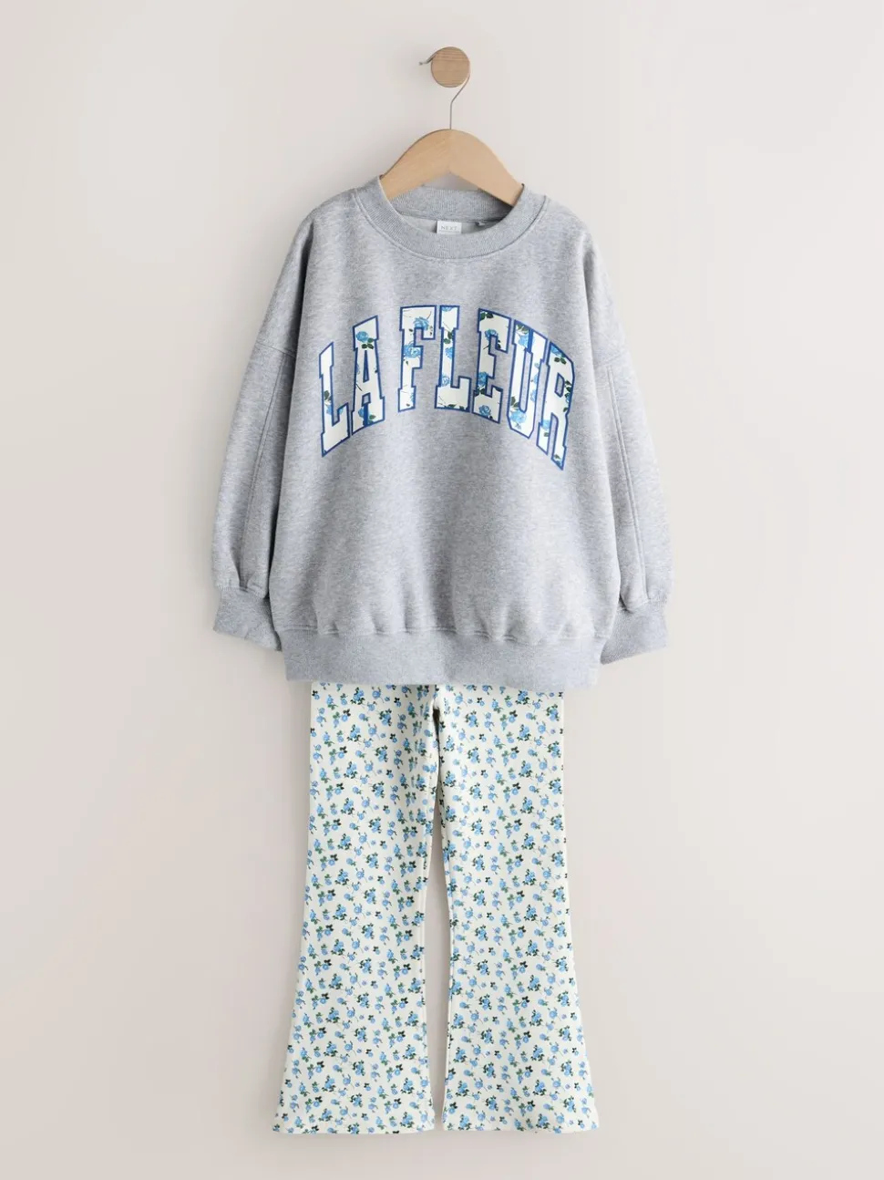 Grey/Blue Floral Slogan Sweatshirt and Flare Leggings Set (3-16yrs)