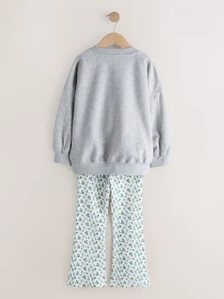 Grey/Blue Floral Slogan Sweatshirt and Flare Leggings Set (3-16yrs)