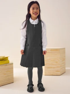 Grey Embroidered Zip Front Pinafore School Dress (3-14yrs)