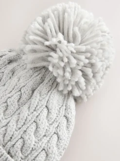 Grey Knitted Cable Pom Beanie