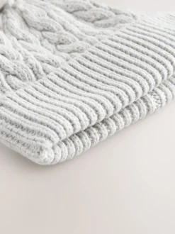 Grey Knitted Cable Pom Beanie