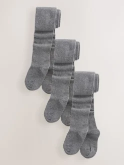 Grey Longer Length Cotton Rich School Tights 3 Pack
