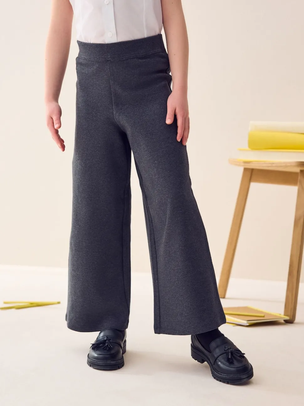 Grey Pull-On Cotton Rich Jersey Stretch Wide Leg Trousers (3-17yrs)