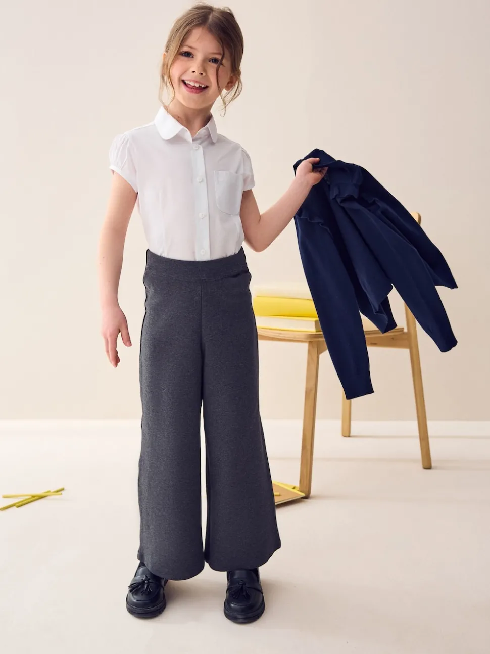 Grey Pull-On Cotton Rich Jersey Stretch Wide Leg Trousers (3-17yrs)