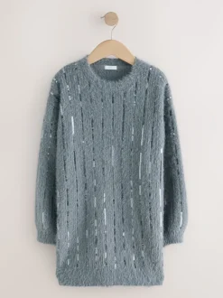 Grey Stripe Sequin Christmas Jumper Dress (3-16yrs)