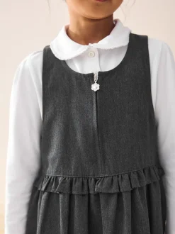 Grey Zip Front Frill Waist School Pinafore Dress (3-14yrs)