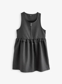 Grey Zip Front Frill Waist School Pinafore Dress (3-14yrs)