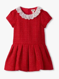 Hatley Red Sparkle Boucle Pleated Lace Collar Dress