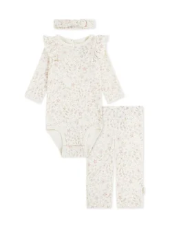 Huggies Pink Floral Print Bodysuit Leggings and Bow Headband 3 Piece Set