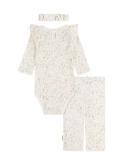 Huggies Pink Floral Print Bodysuit Leggings and Bow Headband 3 Piece Set