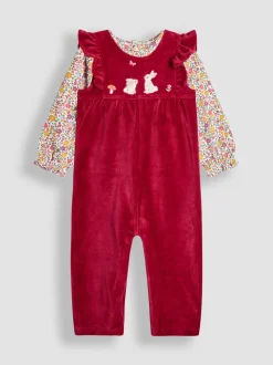 JoJo Maman Bébé Berry Bunny Appliqué Velour Dungarees & Top Set