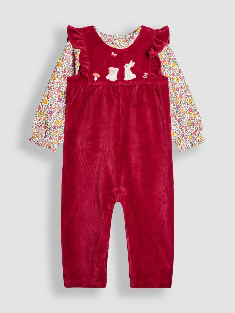 JoJo Maman Bébé Berry Bunny Appliqué Velour Dungarees & Top Set