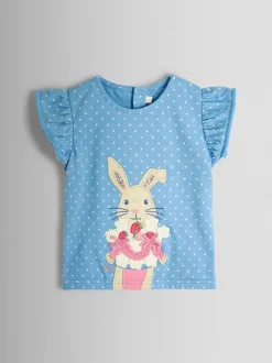 JoJo Maman Bébé Blue Bunny & Cake Applique Frill Shoulder T-Shirt