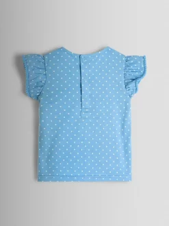JoJo Maman Bébé Blue Bunny & Cake Applique Frill Shoulder T-Shirt