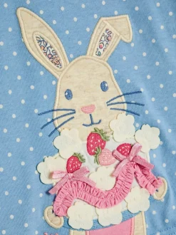 JoJo Maman Bébé Blue Bunny & Cake Applique Frill Shoulder T-Shirt