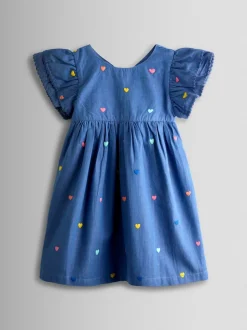 JoJo Maman Bébé Blue Embroidered Frill Sleeve Dress